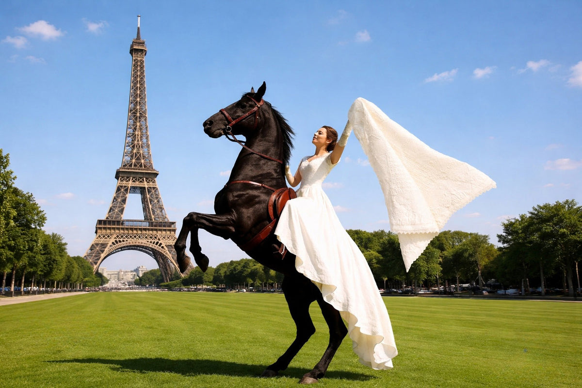 Cabriolet blanc décoré comme voiture de mariage avec des draps et bouquet, en extérieur lors d’un reception.