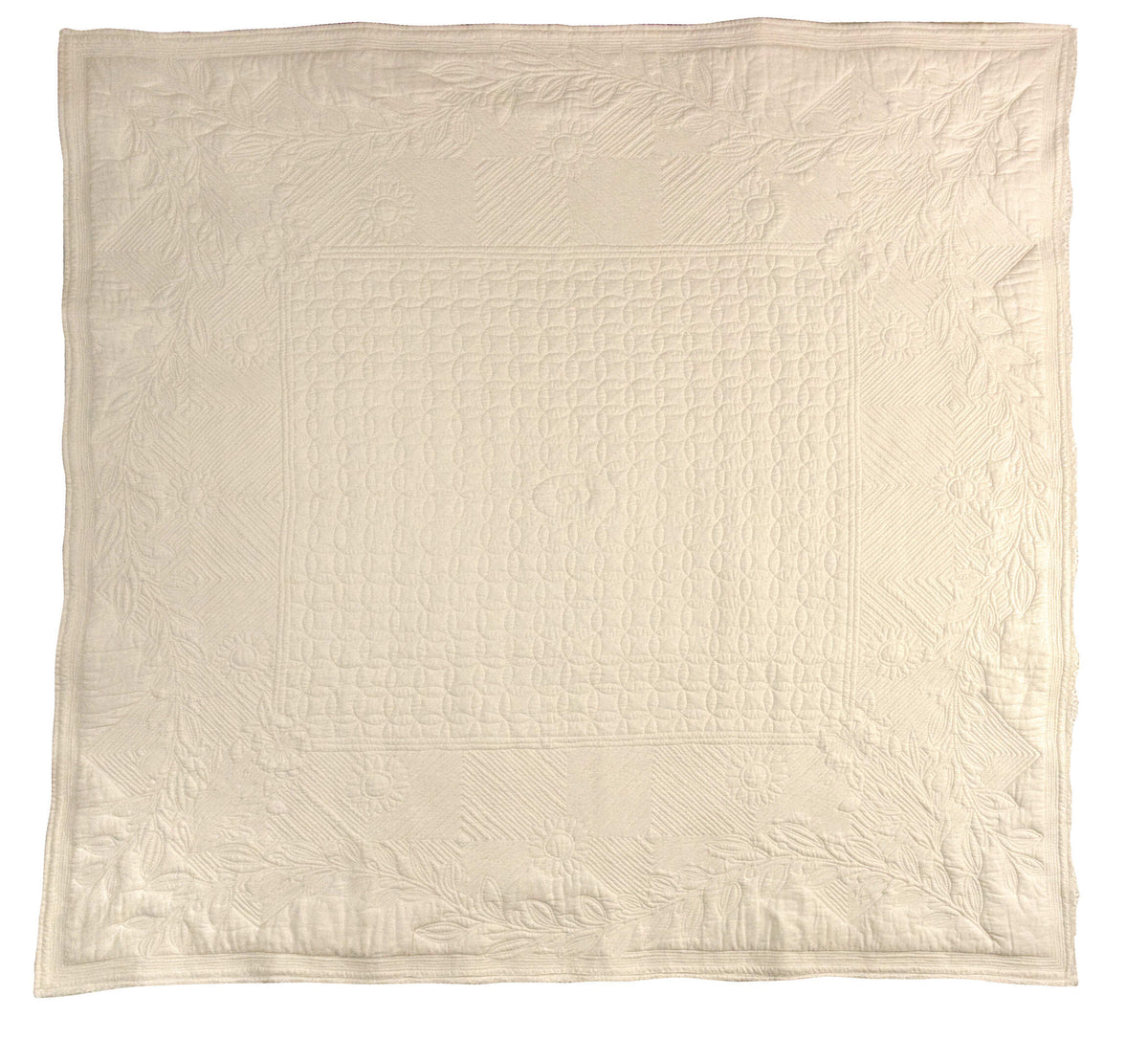 Grand mouchoir de couleur crème avec motif jacquard et bordures décoratives, aspect élégant et texturé.