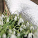 Linge blanc quilté posé près d’un buisson de percevesiges (glaïeuls) blancs au premier plan, extérieur.