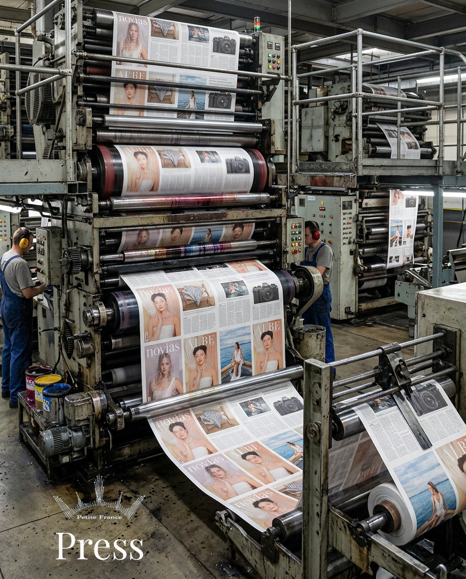 Impression grand format: une presse à imprimer industriel avec rouleaux et magasines montrant des visages de mannequins, opérateurs au travail.
