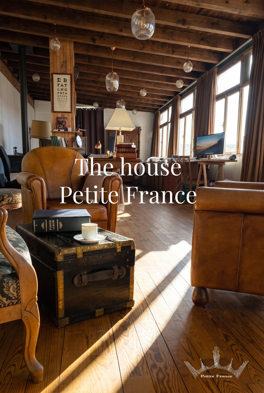 Salon lumineux de style vintage avec canapés en cuir, lampe de bureau et bureau en bois, sol en bois et grandes fenêtres. The house Petite France.