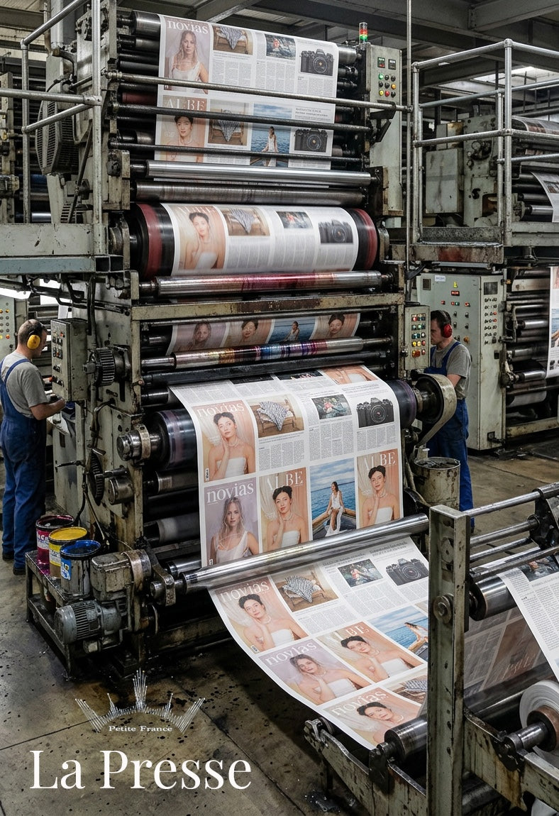Impressionnante machine d’impression industrielle en action, avec journalistes et rotatives produisant des journaux “La Presse”.